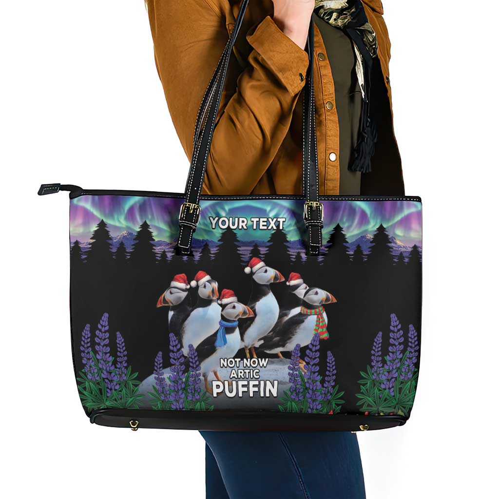 Personalized Not Now Arctic Puffin Leather Tote Bag Icelandic Christmas with Northern Lights LT9