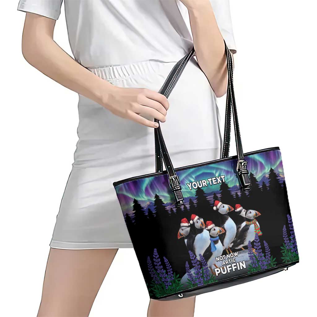 Personalized Not Now Arctic Puffin Leather Tote Bag Icelandic Christmas with Northern Lights LT9