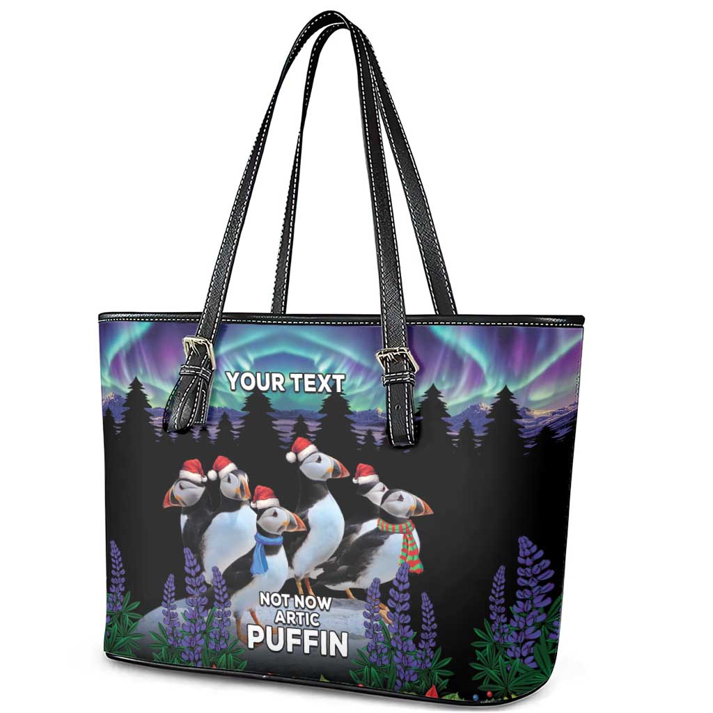 Personalized Not Now Arctic Puffin Leather Tote Bag Icelandic Christmas with Northern Lights LT9
