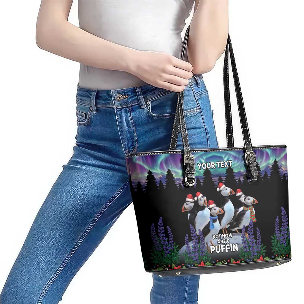 Personalized Not Now Arctic Puffin Leather Tote Bag Icelandic Christmas with Northern Lights LT9