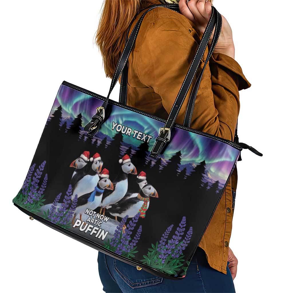 Personalized Not Now Arctic Puffin Leather Tote Bag Icelandic Christmas with Northern Lights LT9