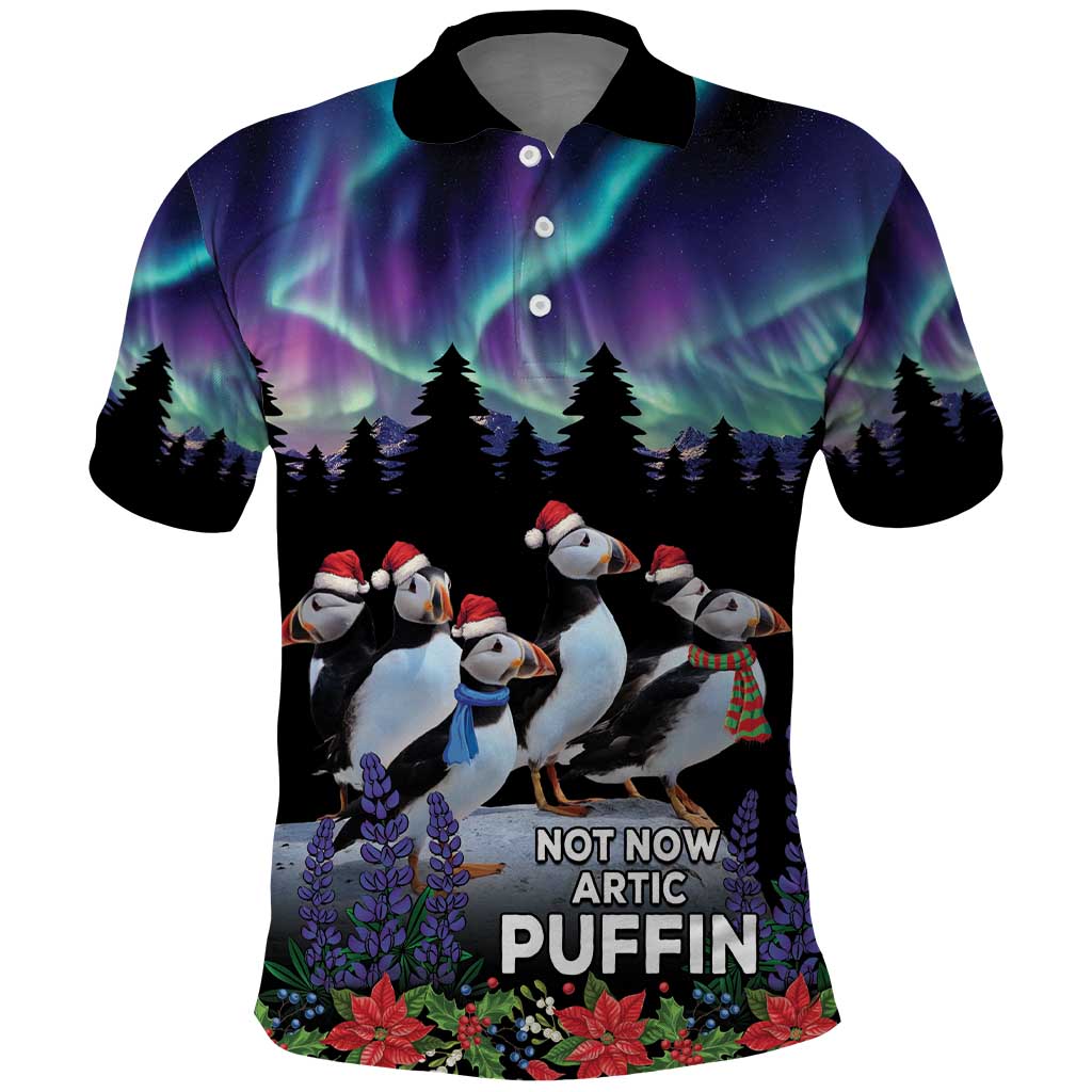 Personalized Not Now Arctic Puffin Polo Shirt Icelandic Christmas with Northern Lights LT9