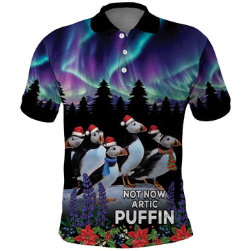 Personalized Not Now Arctic Puffin Polo Shirt Icelandic Christmas with Northern Lights LT9