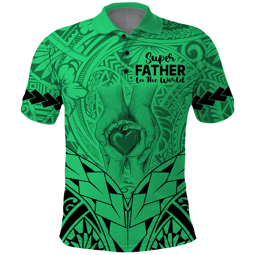 Custom Polynesian Fathers Day Gift For Dad Polo Shirt Super Father In The World Green Polynesian Pattern LT9