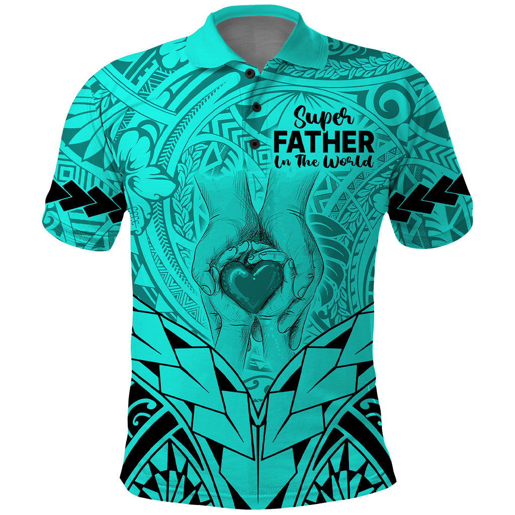Polynesian Fathers Day Gift For Dad Polo Shirt Super Father In The World Turquoise Polynesian Pattern LT9