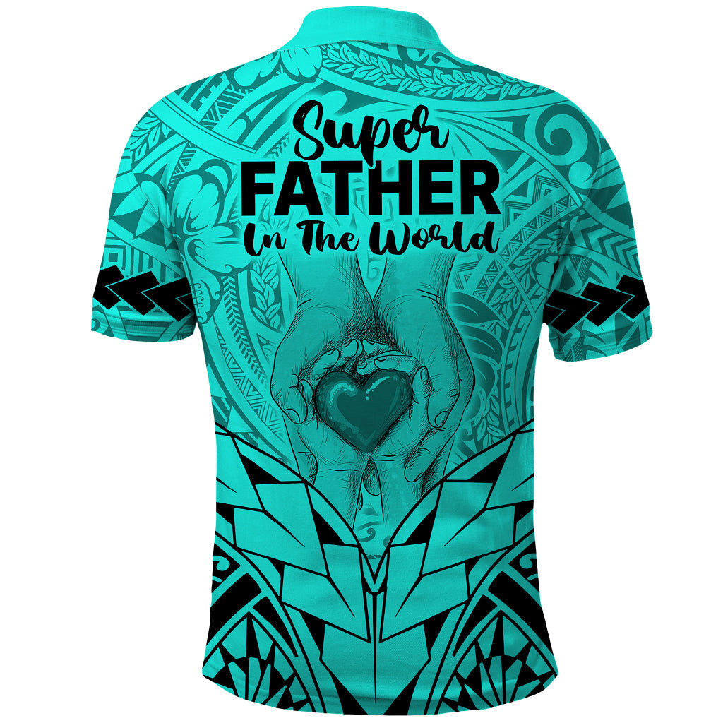 Polynesian Fathers Day Gift For Dad Polo Shirt Super Father In The World Turquoise Polynesian Pattern LT9