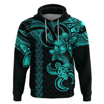 Hawaiian Tribal Hoodie Polynesian Kakau Turtle - Aqua LT9