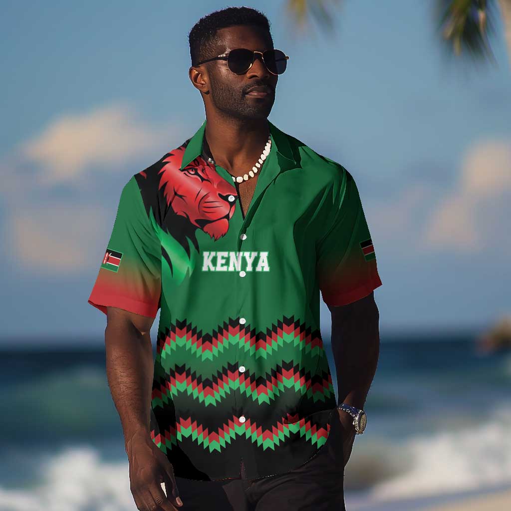 Custom Cricket Africa Kenya Hawaiian Shirt Green Lion Head with Kenyan Pattern LT9