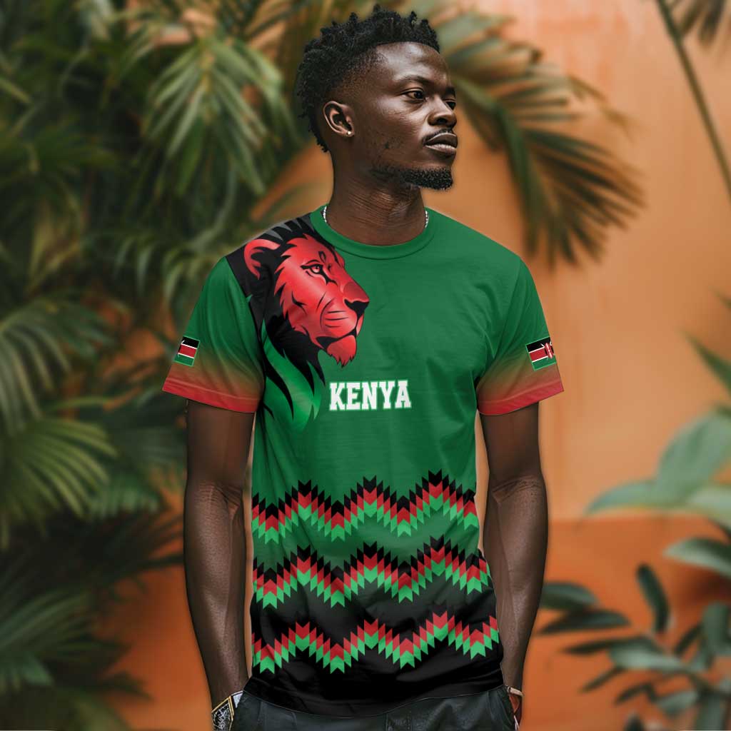 Custom Cricket Africa Kenya T shirt Green Lion Head with Kenyan Pattern LT9