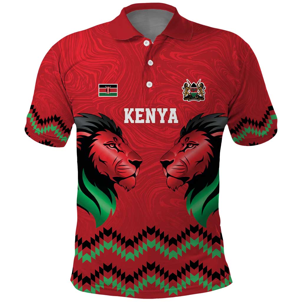 Kenya Cricket Custom Polo Shirt Red Lion Head with Kenyan Pattern LT9