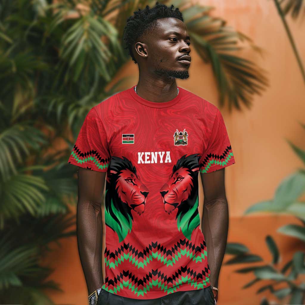 Custom Cricket Africa Kenya T shirt Red Lion Head with Kenyan Pattern LT9