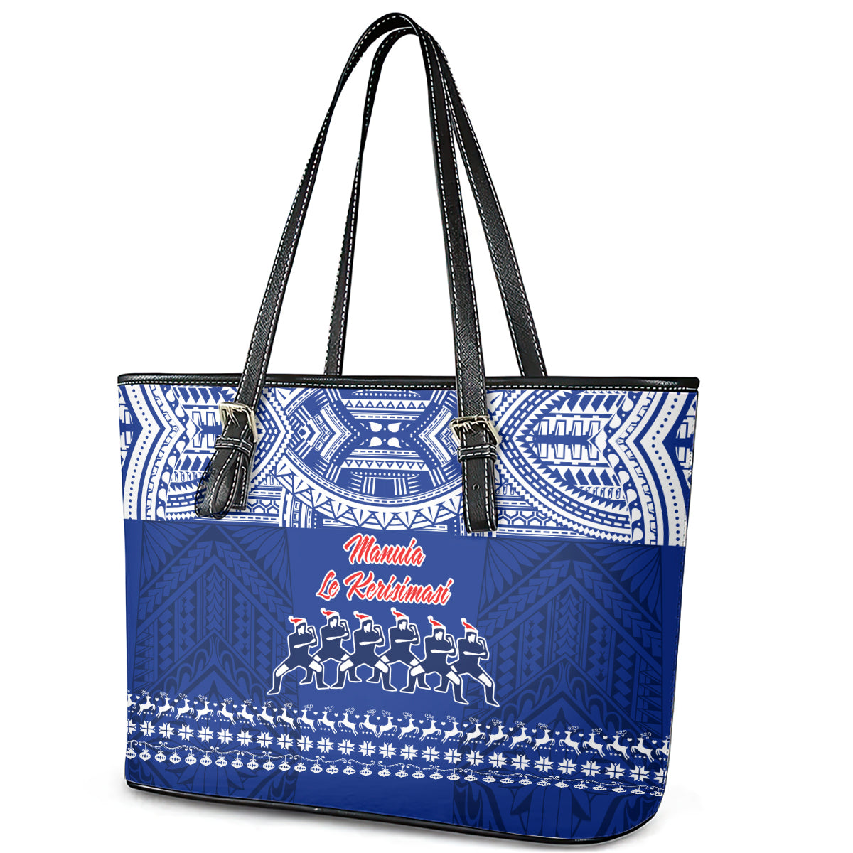 Toa Samoa Christmas Leather Tote Bag Samoa Siva Tau Manuia Le Kerisimasi Blue Vibe LT9