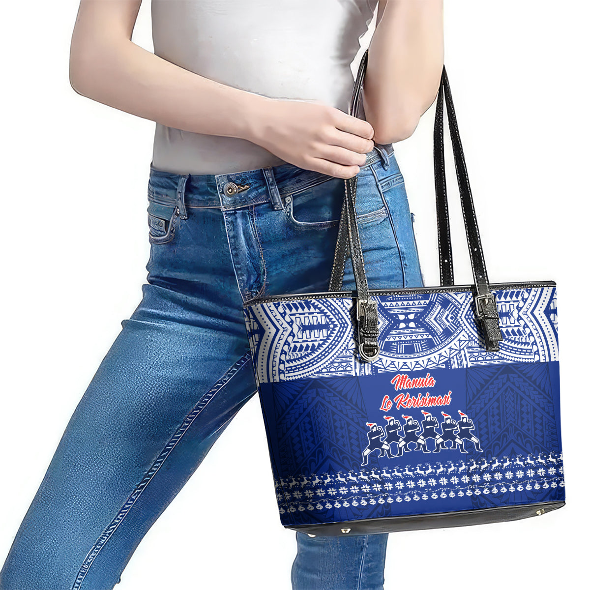 Toa Samoa Christmas Leather Tote Bag Samoa Siva Tau Manuia Le Kerisimasi Blue Vibe LT9