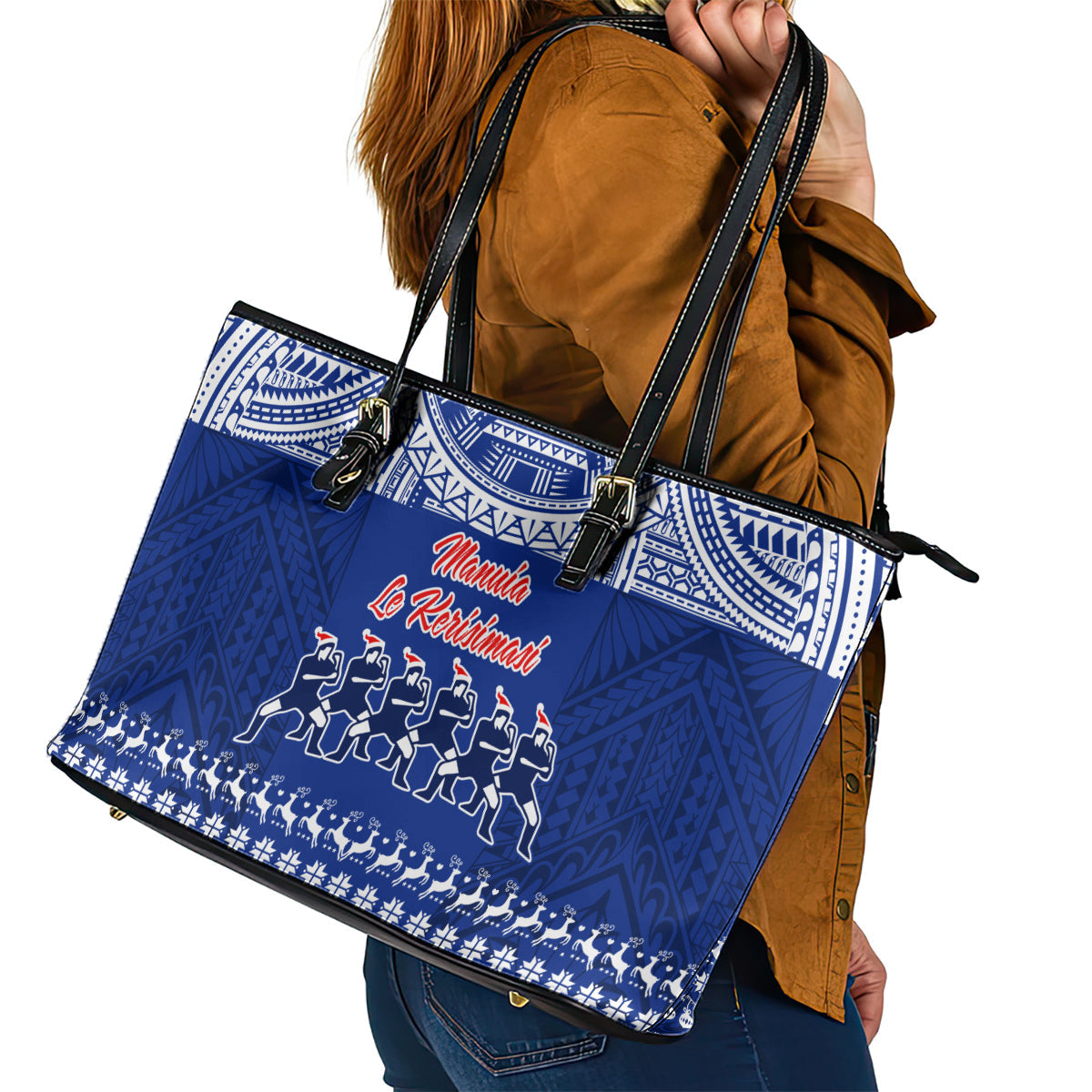 Toa Samoa Christmas Leather Tote Bag Samoa Siva Tau Manuia Le Kerisimasi Blue Vibe LT9
