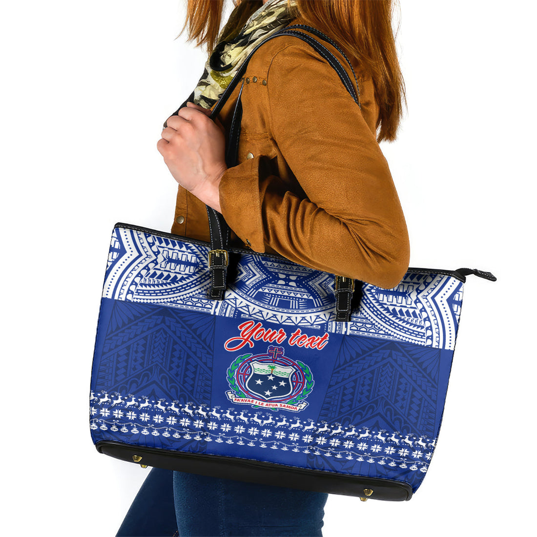 Personalised Toa Samoa Christmas Leather Tote Bag Samoa Siva Tau Manuia Le Kerisimasi Blue Vibe LT9