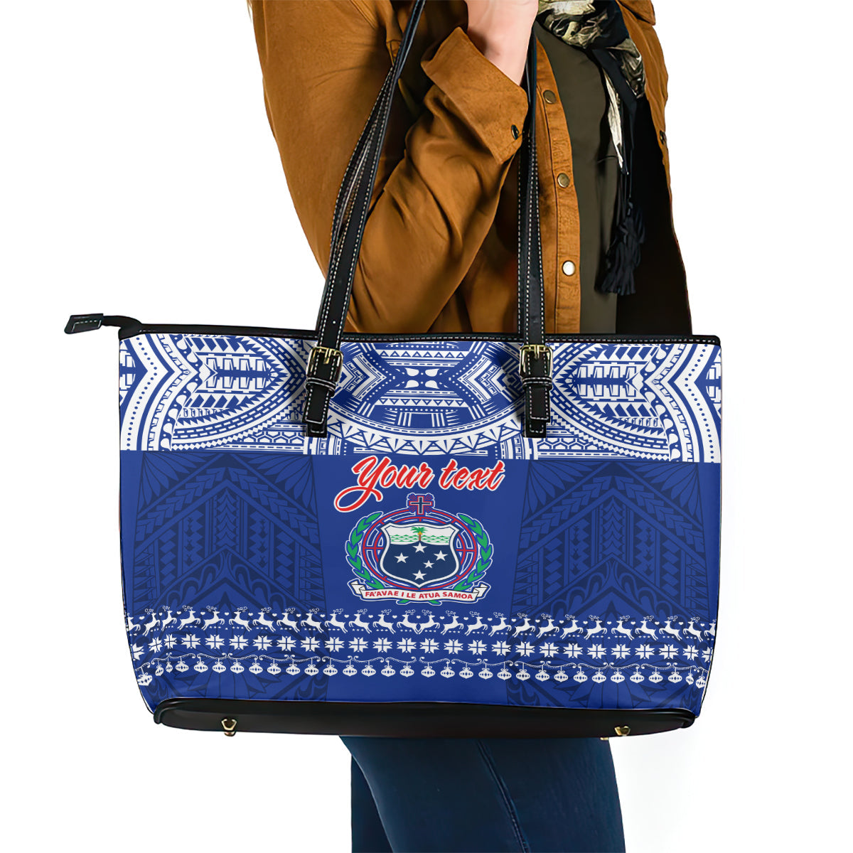 Personalised Toa Samoa Christmas Leather Tote Bag Samoa Siva Tau Manuia Le Kerisimasi Blue Vibe LT9