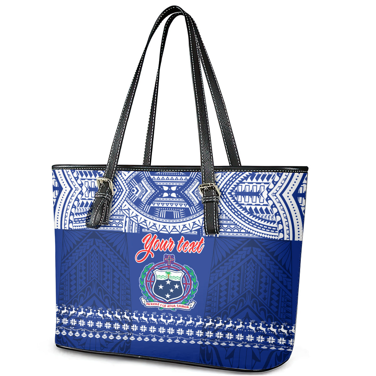 Personalised Toa Samoa Christmas Leather Tote Bag Samoa Siva Tau Manuia Le Kerisimasi Blue Vibe LT9