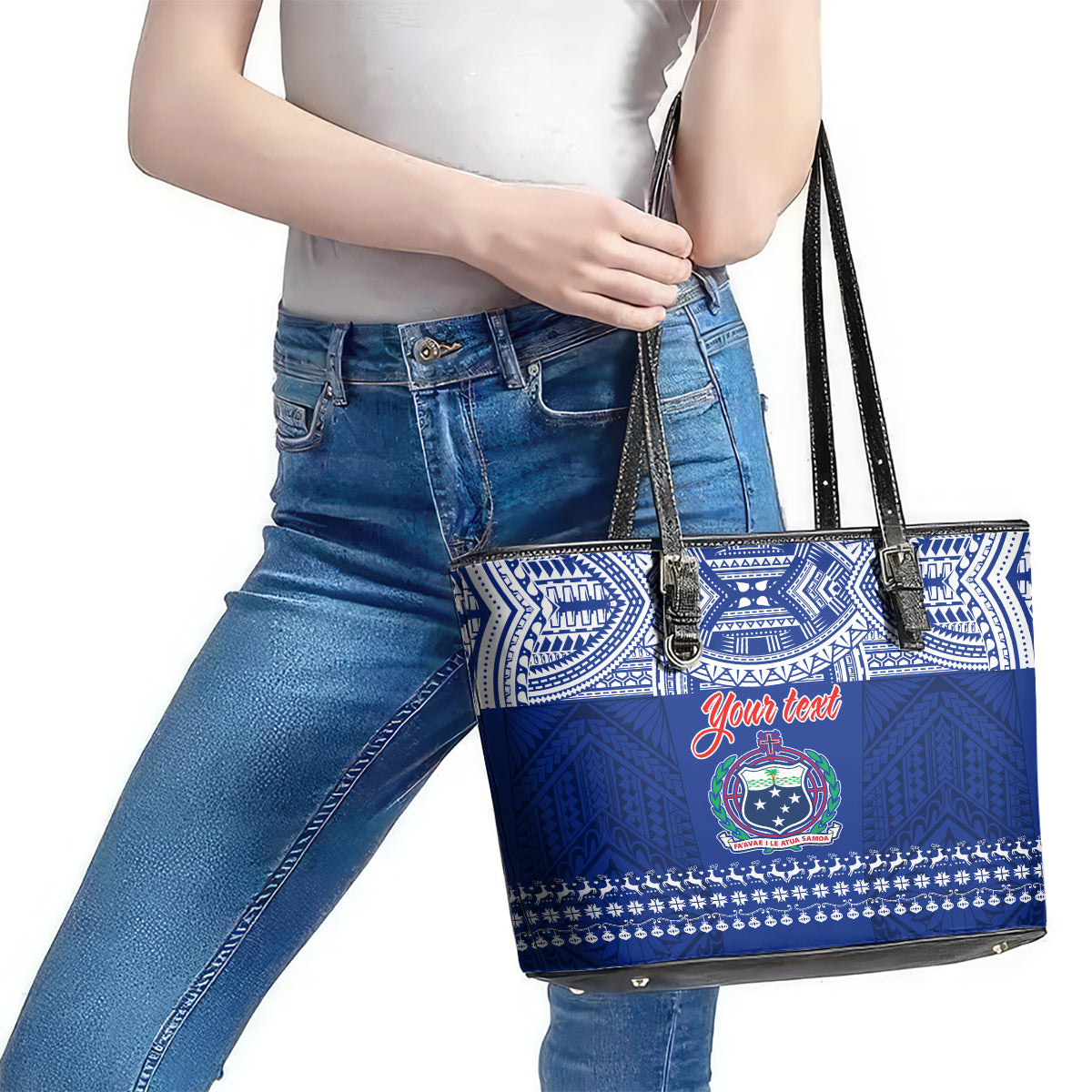 Personalised Toa Samoa Christmas Leather Tote Bag Samoa Siva Tau Manuia Le Kerisimasi Blue Vibe LT9
