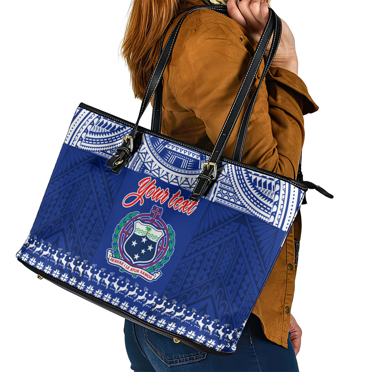 Personalised Toa Samoa Christmas Leather Tote Bag Samoa Siva Tau Manuia Le Kerisimasi Blue Vibe LT9