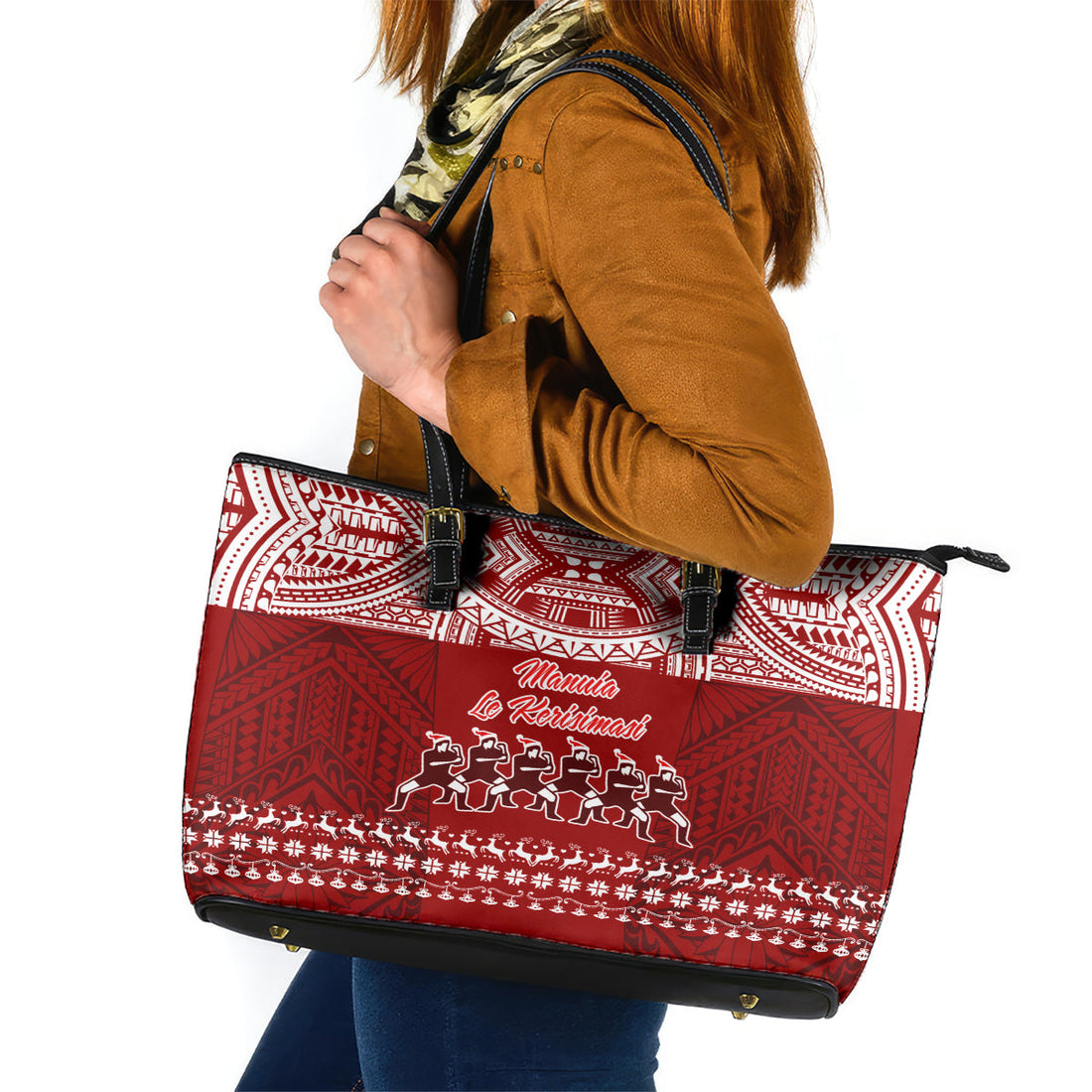 Toa Samoa Christmas Leather Tote Bag Samoa Siva Tau Manuia Le Kerisimasi Red Vibe LT9