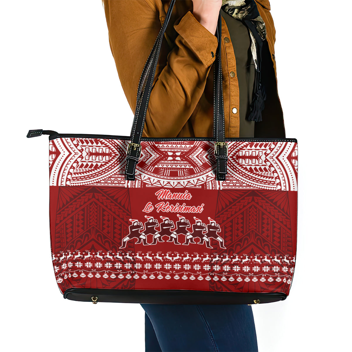 Toa Samoa Christmas Leather Tote Bag Samoa Siva Tau Manuia Le Kerisimasi Red Vibe LT9