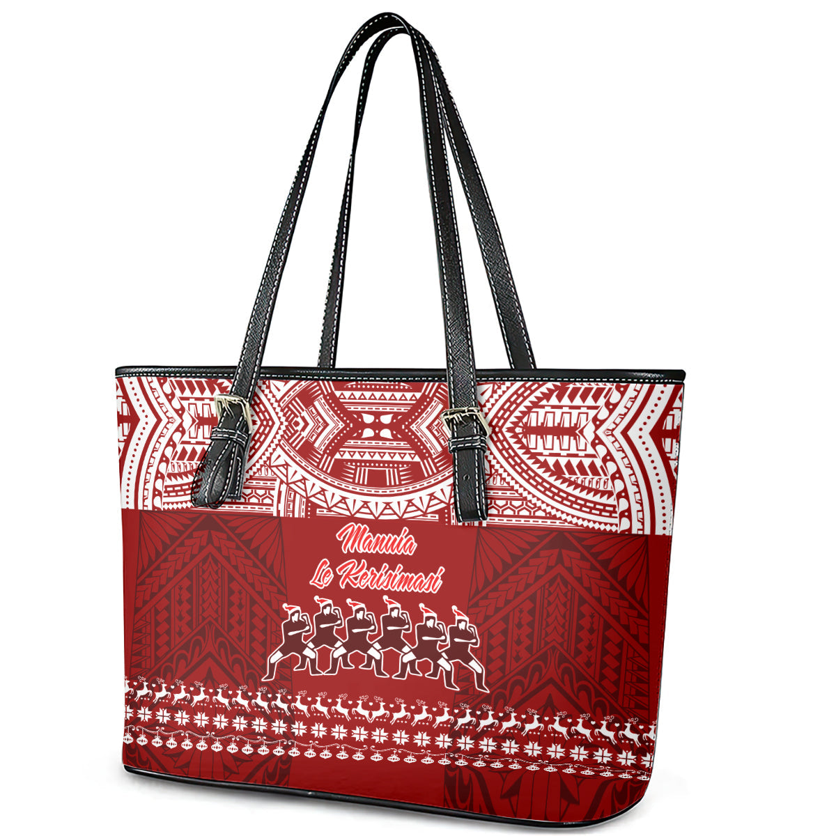 Toa Samoa Christmas Leather Tote Bag Samoa Siva Tau Manuia Le Kerisimasi Red Vibe LT9