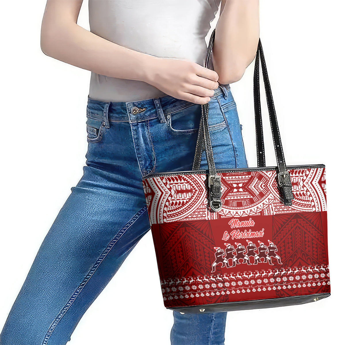Toa Samoa Christmas Leather Tote Bag Samoa Siva Tau Manuia Le Kerisimasi Red Vibe LT9