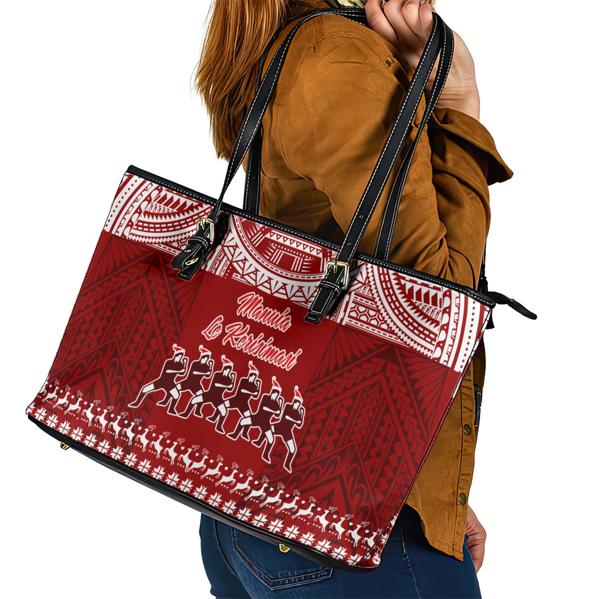 Toa Samoa Christmas Leather Tote Bag Samoa Siva Tau Manuia Le Kerisimasi Red Vibe LT9