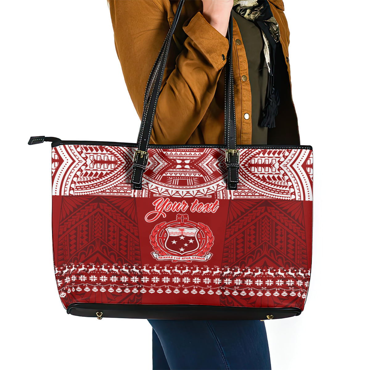 Personalised Toa Samoa Christmas Leather Tote Bag Samoa Siva Tau Manuia Le Kerisimasi Red Vibe LT9