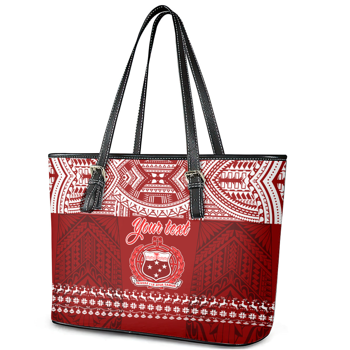 Personalised Toa Samoa Christmas Leather Tote Bag Samoa Siva Tau Manuia Le Kerisimasi Red Vibe LT9