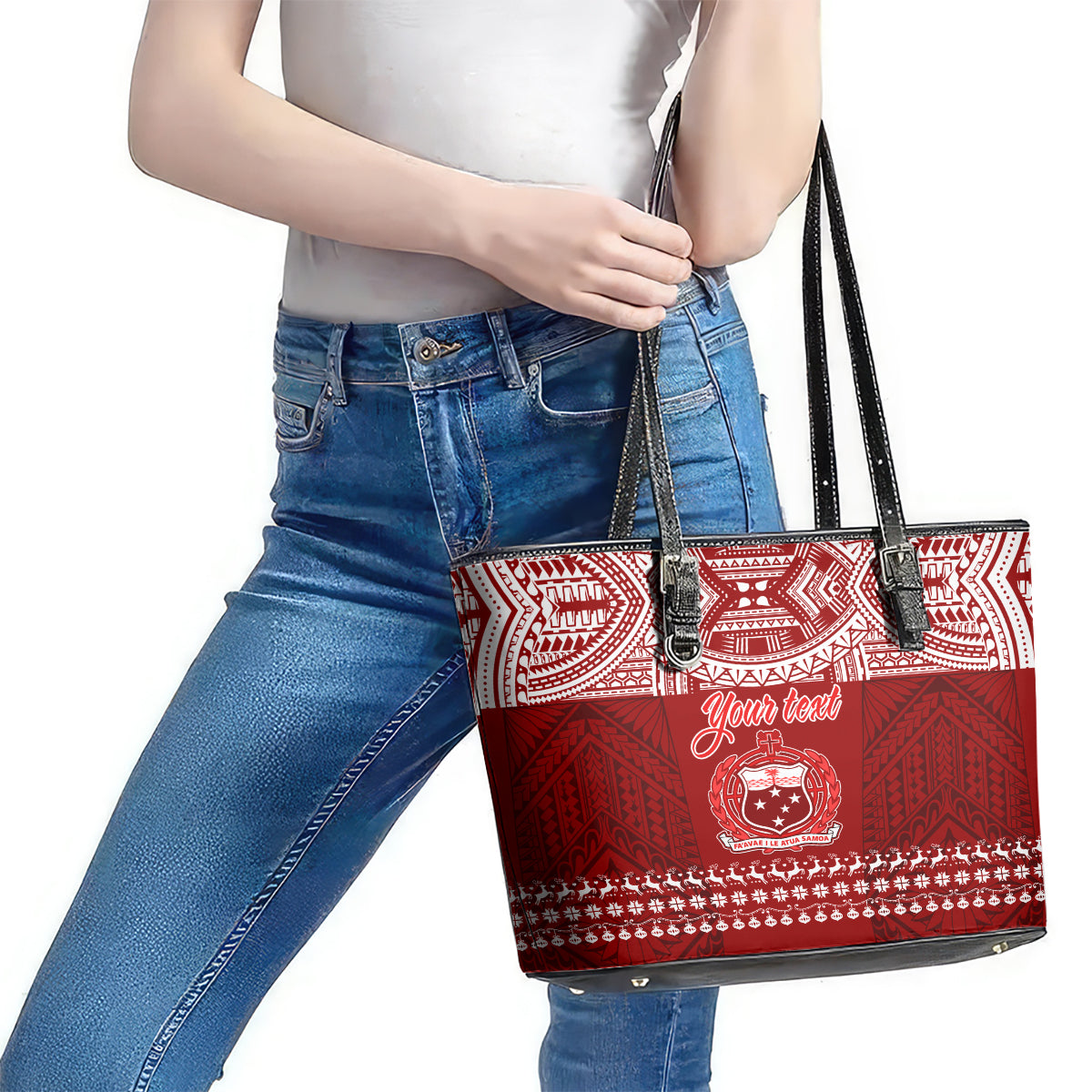 Personalised Toa Samoa Christmas Leather Tote Bag Samoa Siva Tau Manuia Le Kerisimasi Red Vibe LT9