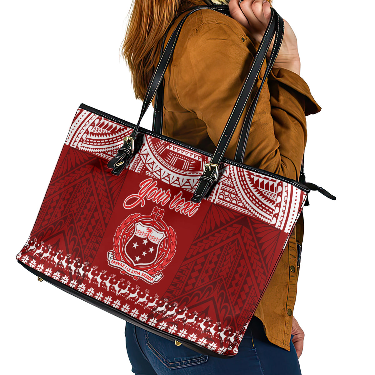 Personalised Toa Samoa Christmas Leather Tote Bag Samoa Siva Tau Manuia Le Kerisimasi Red Vibe LT9