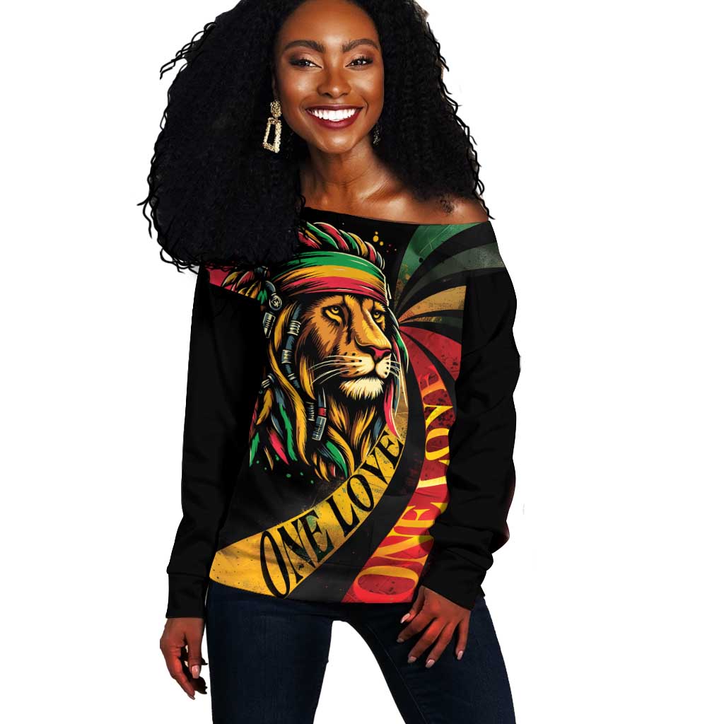 Black Jamaican Off Shoulder Sweater Rastafarian Lion One Love LT9