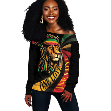 Black Jamaican Off Shoulder Sweater Rastafarian Lion One Love LT9