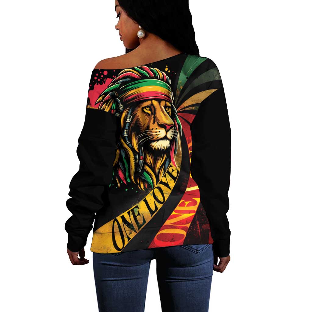 Black Jamaican Off Shoulder Sweater Rastafarian Lion One Love LT9