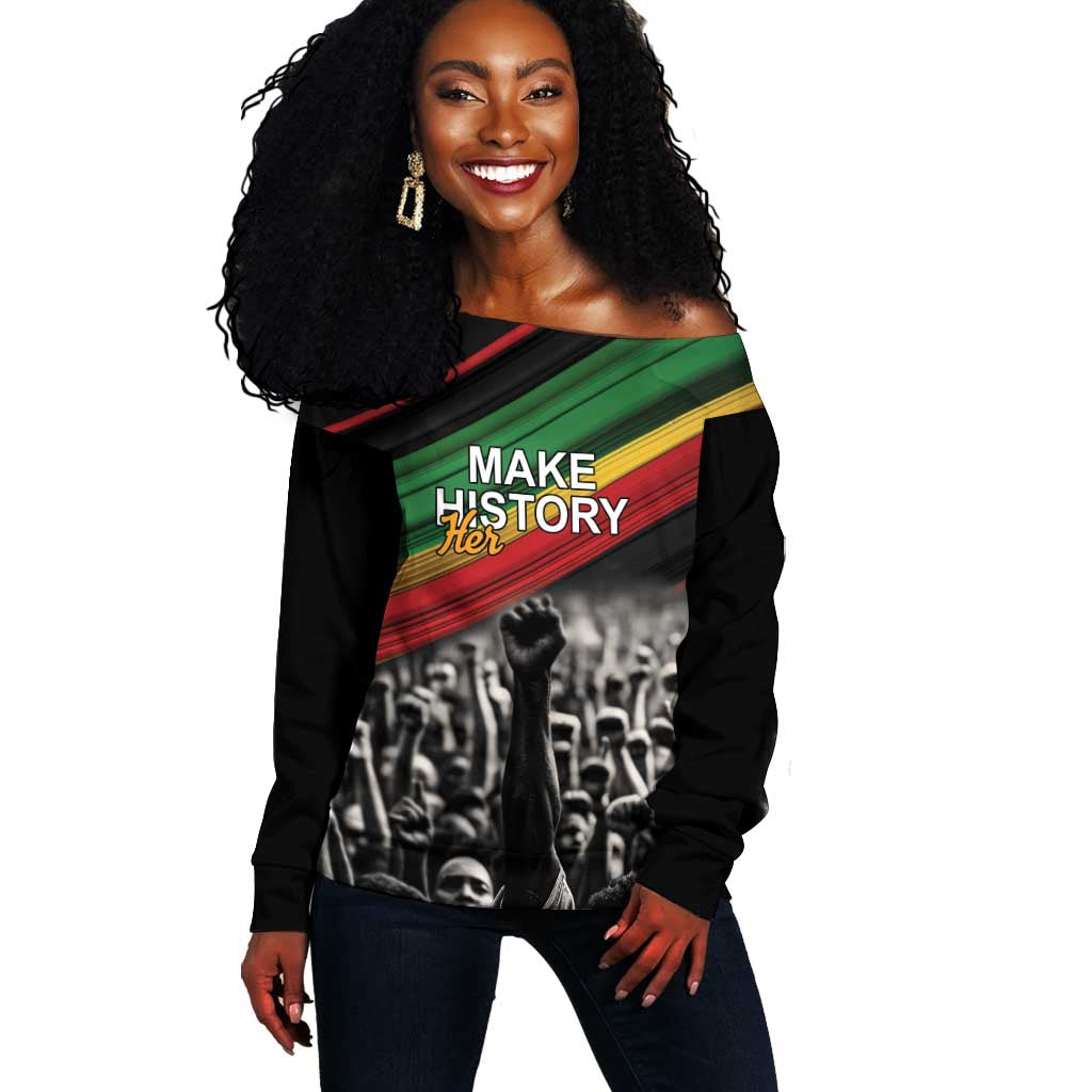 African-American History Month Off Shoulder Sweater Black Power Hand Make His-Herstories LT9
