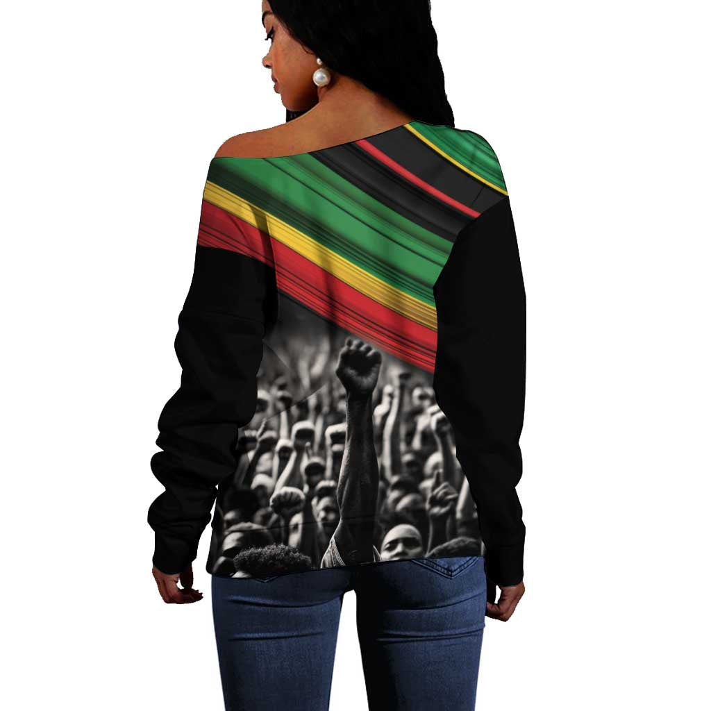 African-American History Month Off Shoulder Sweater Black Power Hand Make His-Herstories LT9