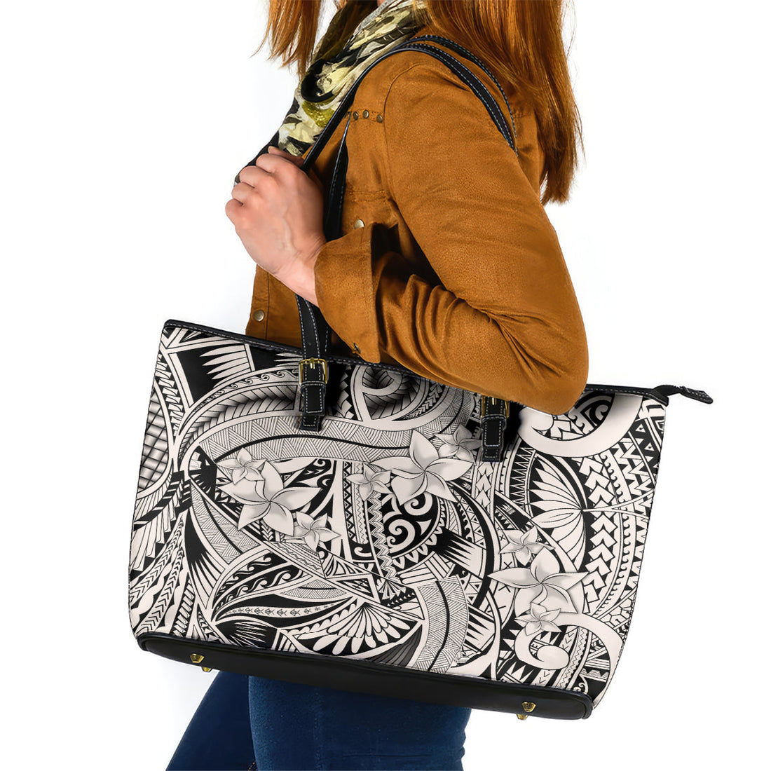 Polynesia Leather Tote Bag Tribal Polynesian Spirit With Beige Pacific Flowers LT9
