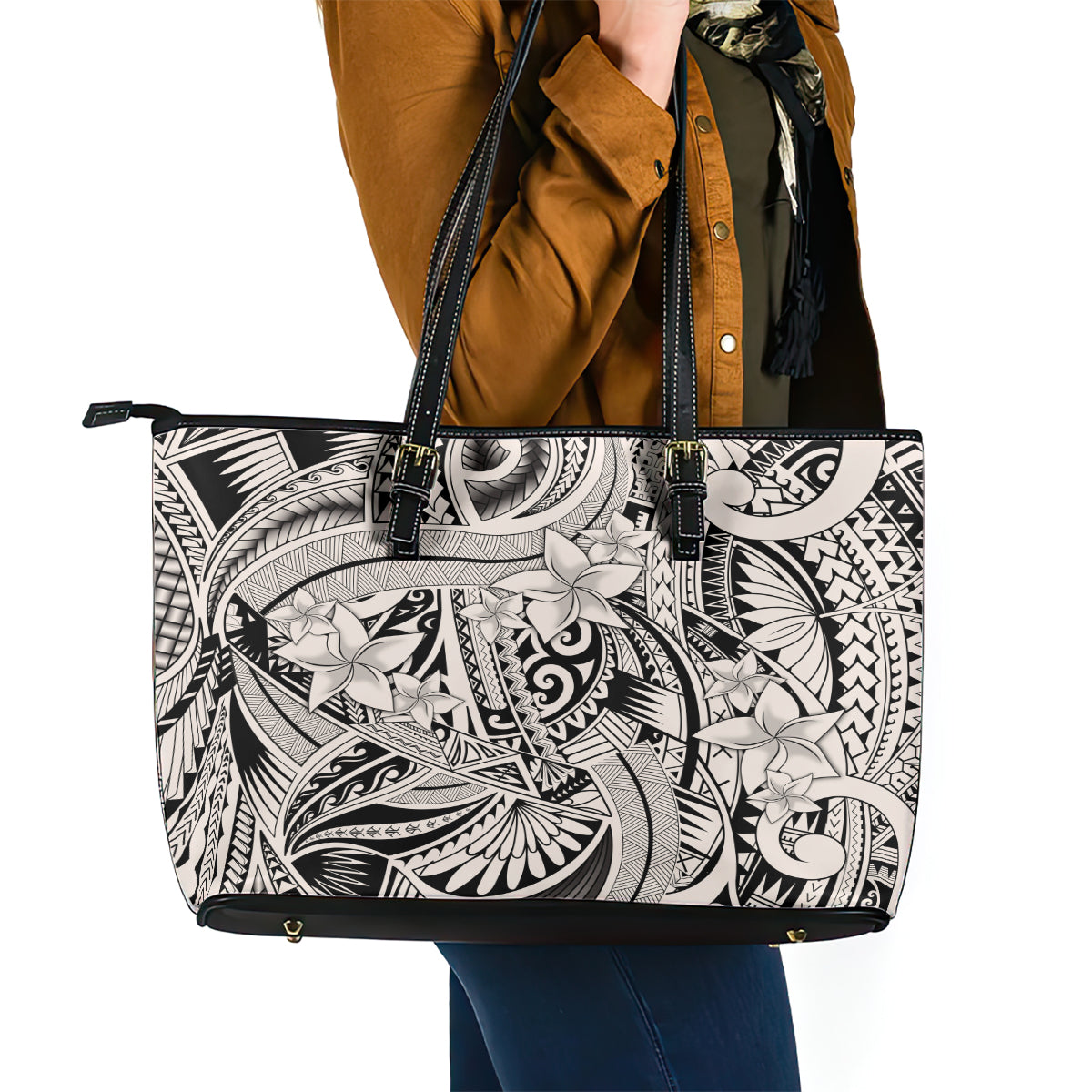 Polynesia Leather Tote Bag Tribal Polynesian Spirit With Beige Pacific Flowers LT9