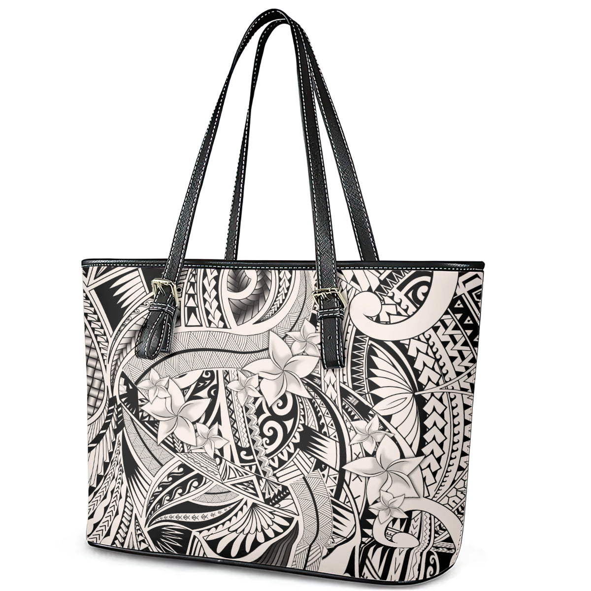 Polynesia Leather Tote Bag Tribal Polynesian Spirit With Beige Pacific Flowers LT9