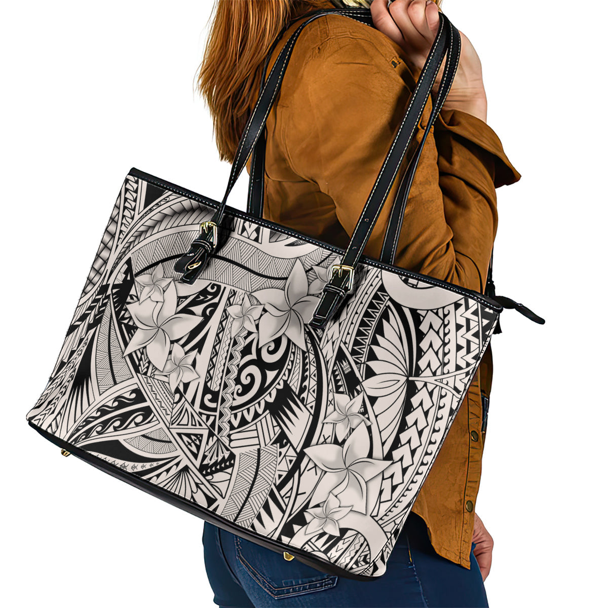 Polynesia Leather Tote Bag Tribal Polynesian Spirit With Beige Pacific Flowers LT9