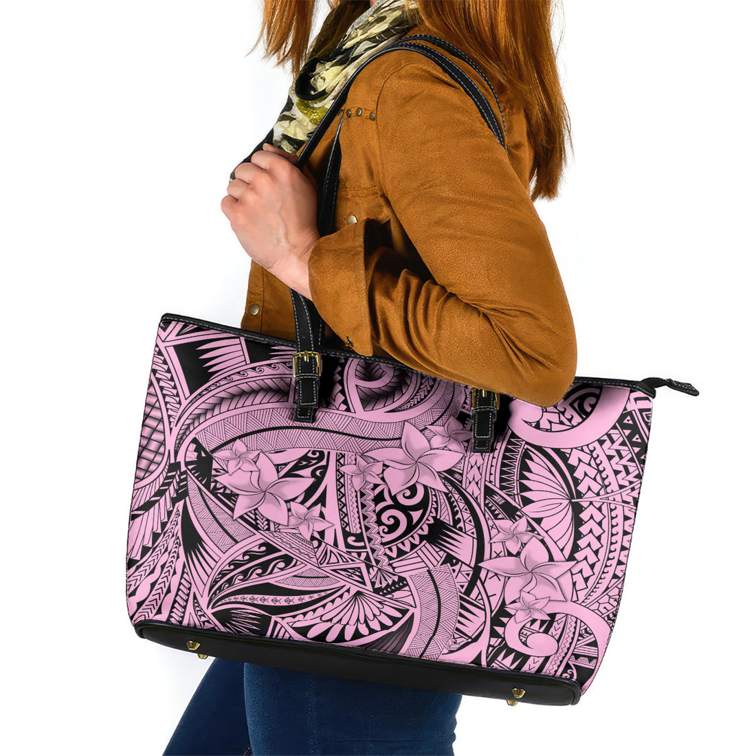 Polynesia Leather Tote Bag Tribal Polynesian Spirit With Pink Pacific Flowers LT9