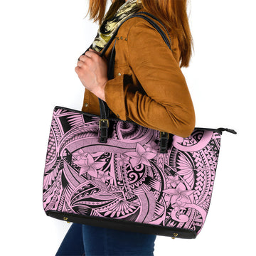 Polynesia Leather Tote Bag Tribal Polynesian Spirit With Pink Pacific Flowers LT9
