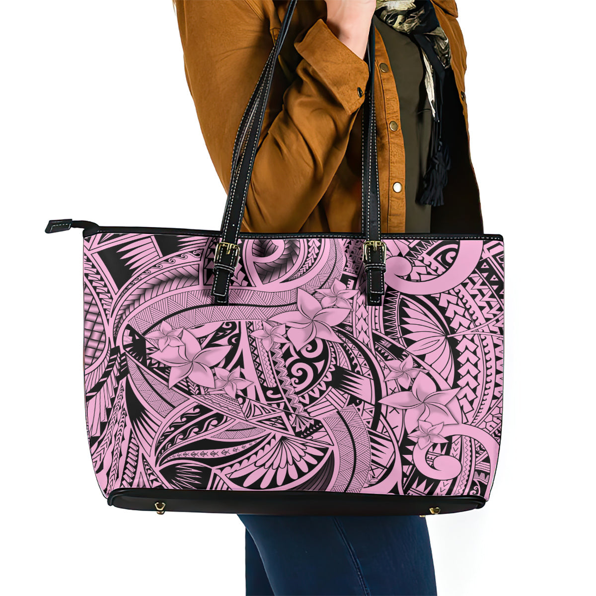 Polynesia Leather Tote Bag Tribal Polynesian Spirit With Pink Pacific Flowers LT9