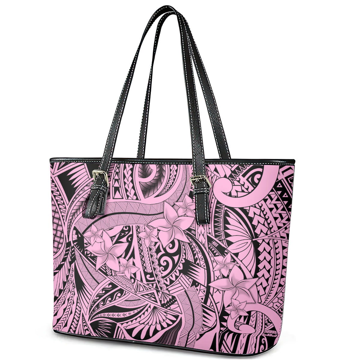 Polynesia Leather Tote Bag Tribal Polynesian Spirit With Pink Pacific Flowers LT9