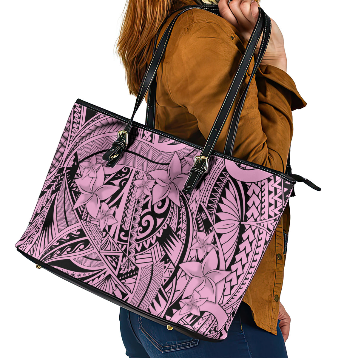Polynesia Leather Tote Bag Tribal Polynesian Spirit With Pink Pacific Flowers LT9