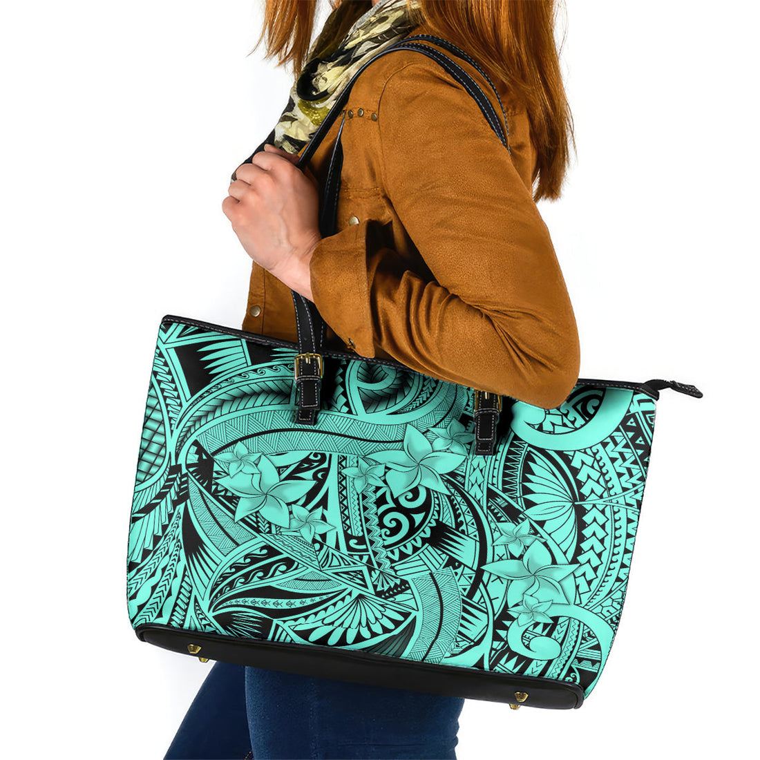 Polynesia Leather Tote Bag Tribal Polynesian Spirit With Teal Pacific Flowers LT9