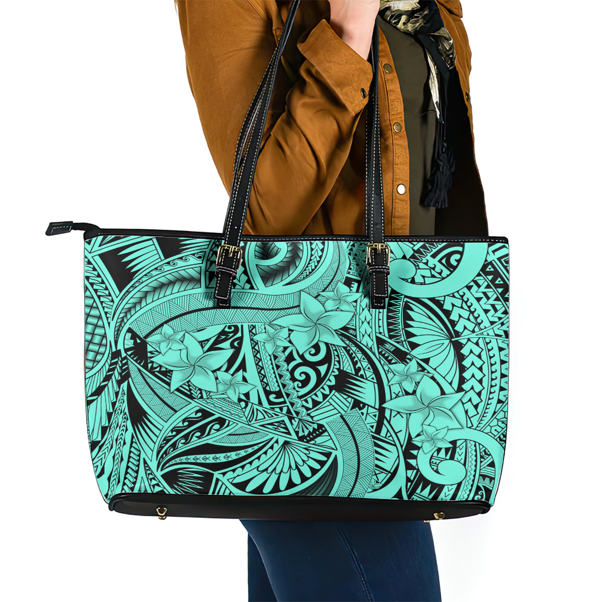 Polynesia Leather Tote Bag Tribal Polynesian Spirit With Teal Pacific Flowers LT9
