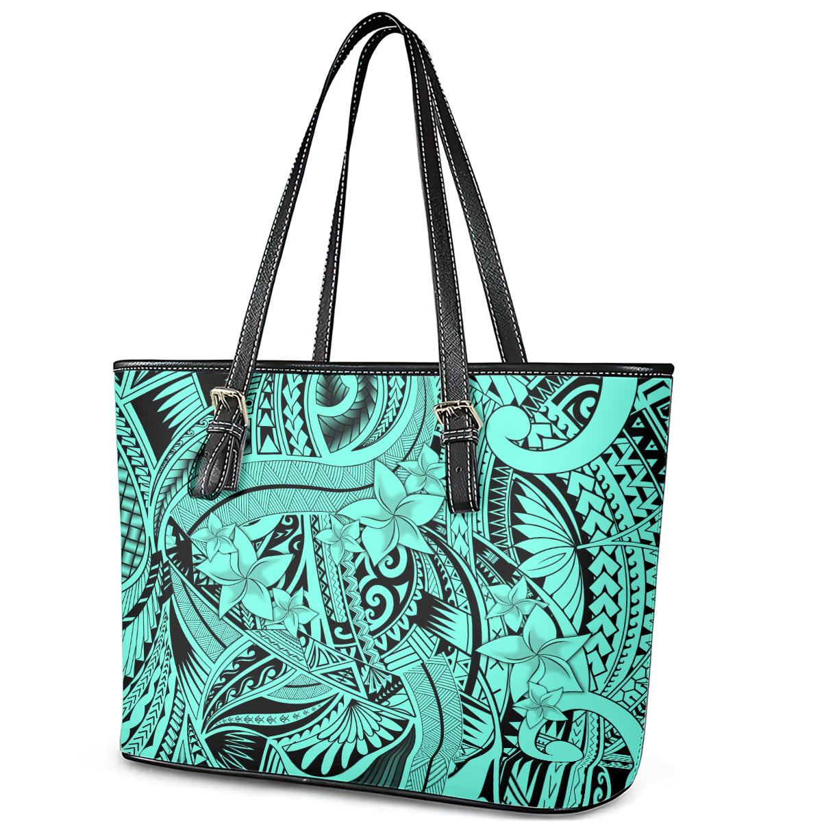 Polynesia Leather Tote Bag Tribal Polynesian Spirit With Teal Pacific Flowers LT9