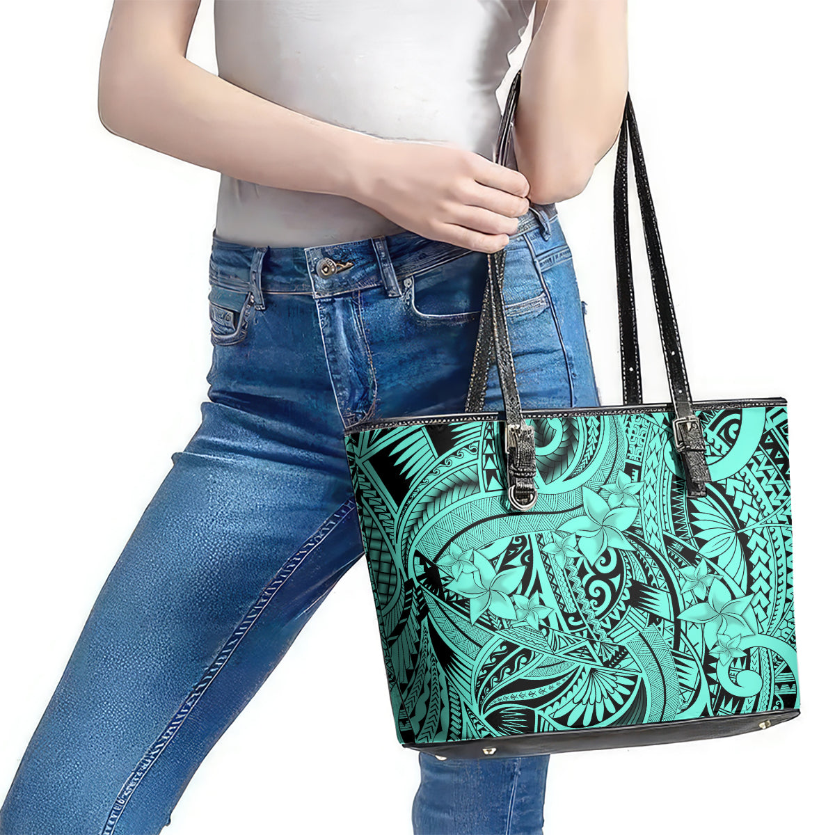 Polynesia Leather Tote Bag Tribal Polynesian Spirit With Teal Pacific Flowers LT9
